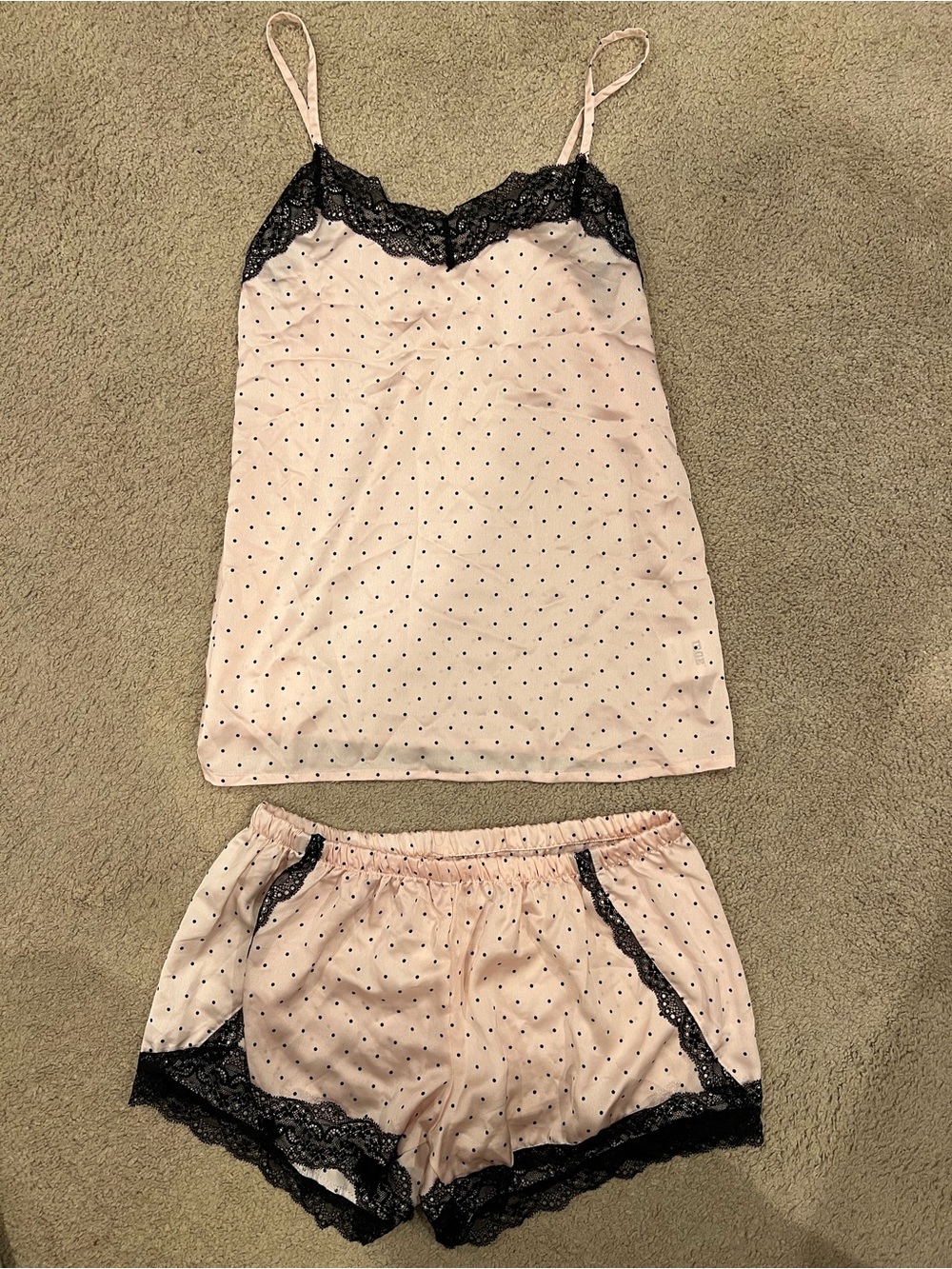 Pink Satin Pajama Set with Black Polka Dots and Lace Trim